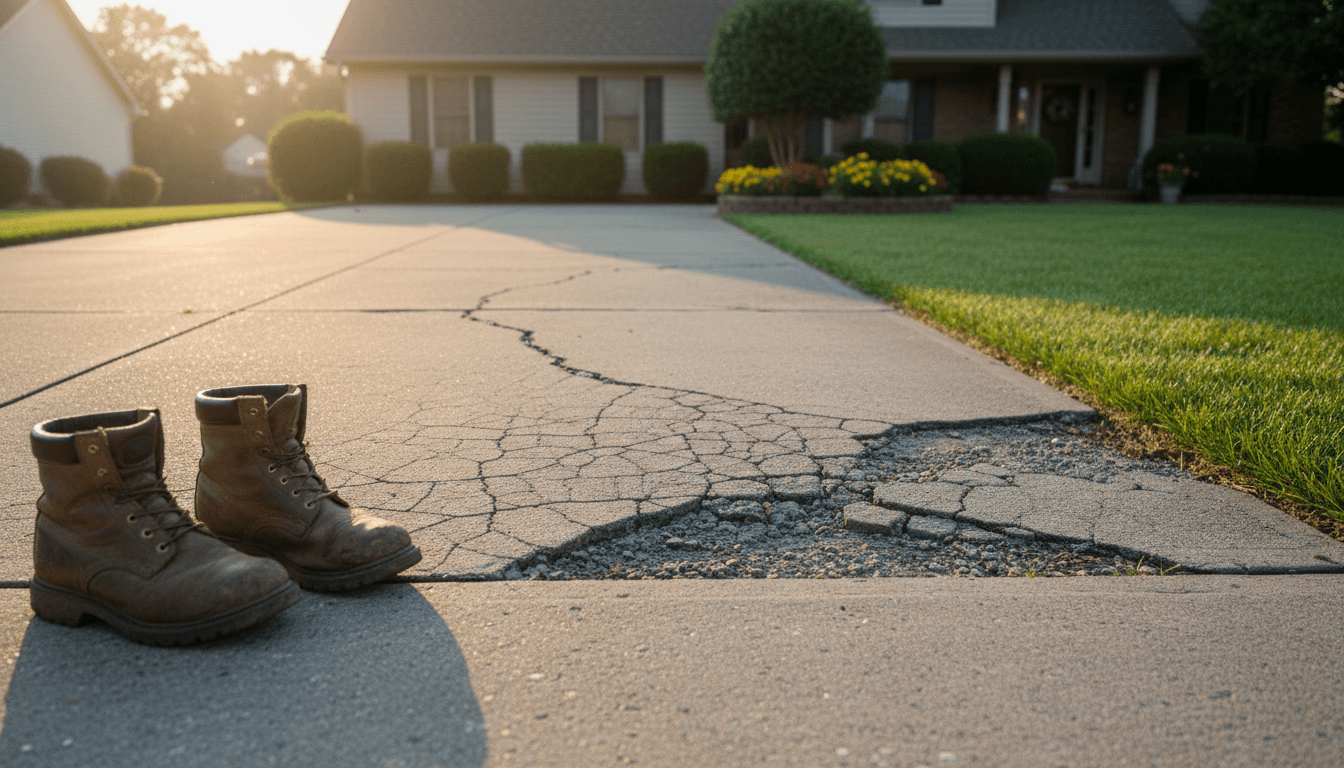 Residential driveway with visible concrete cracks and damage, professional assessment view