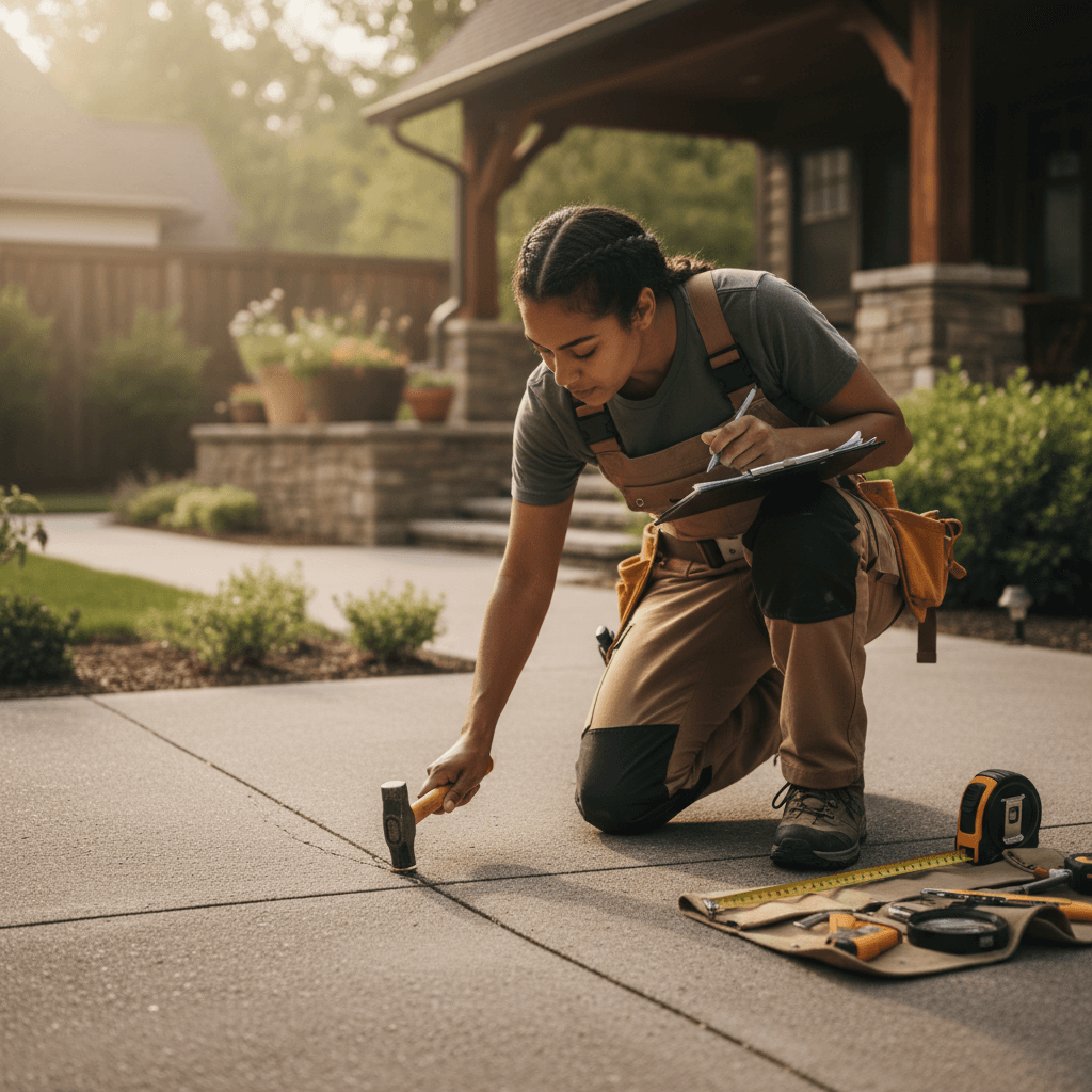 Professional concrete inspector examining residential surface