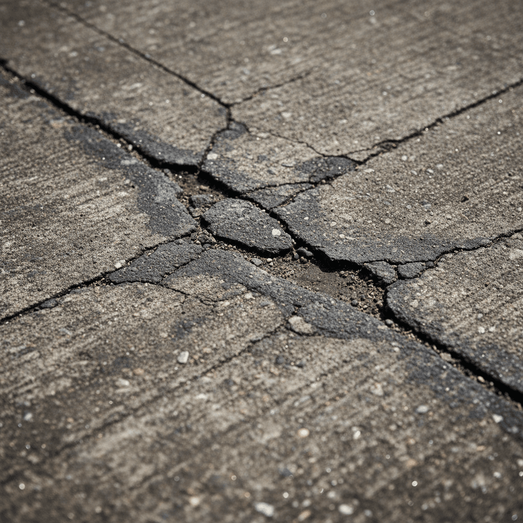Close-up of cracked driveway surface showing damage patterns